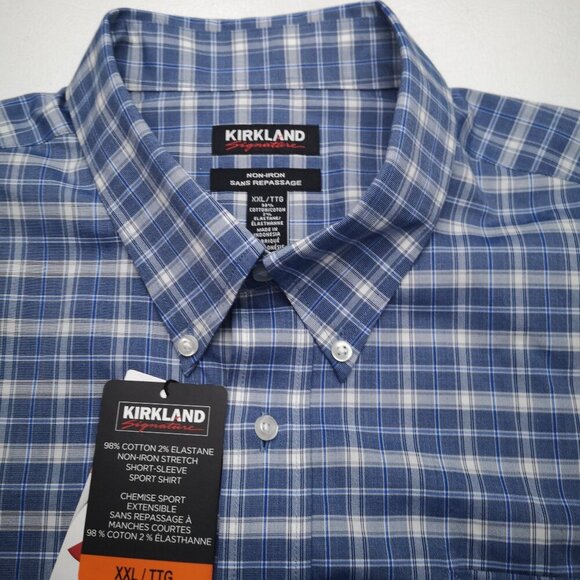 NWT Kirkland Signature Non-Iron Men's Size XXL Blue & White Plaid Stretch Shirt - Picture 3 of 9